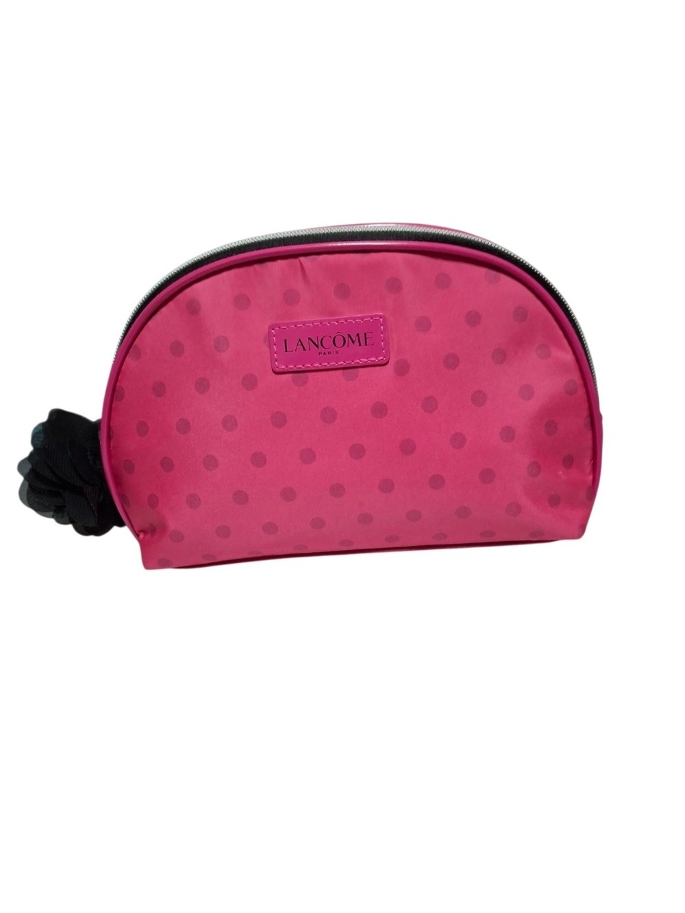 Lancôme Bright Fuchsia Polka Dot Travel Cosmetic Pouch Rosette Zipper Pull Nwot